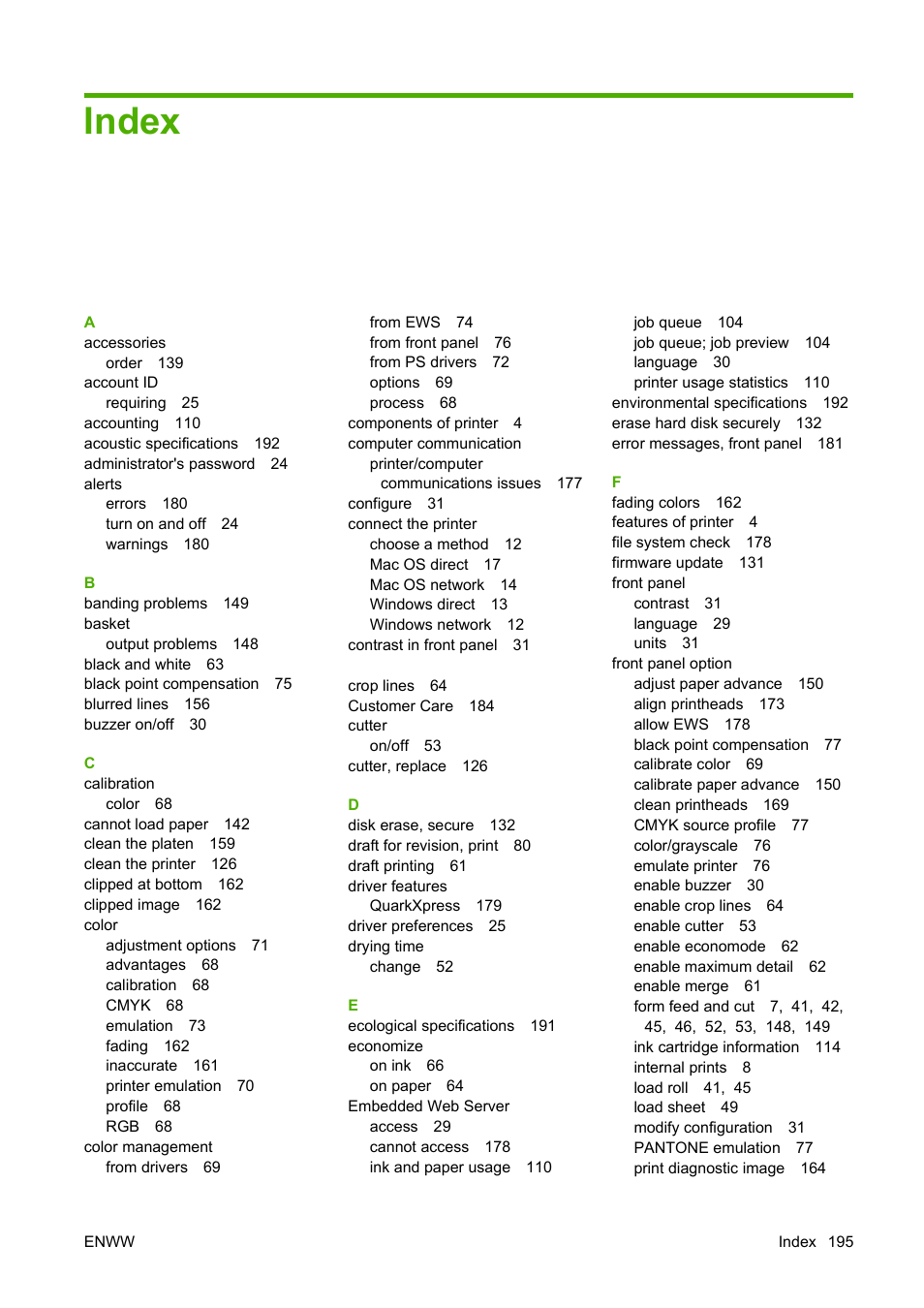 Index | HP Designjet T1120 Printer series User Manual | Page 204 / 207