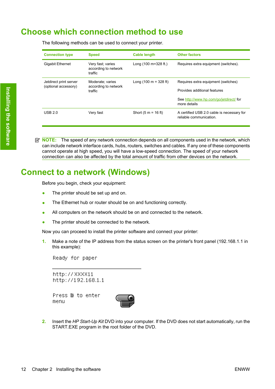 Choose which connection method to use, Connect to a network (windows) | HP Designjet T1120 Printer series User Manual | Page 21 / 207
