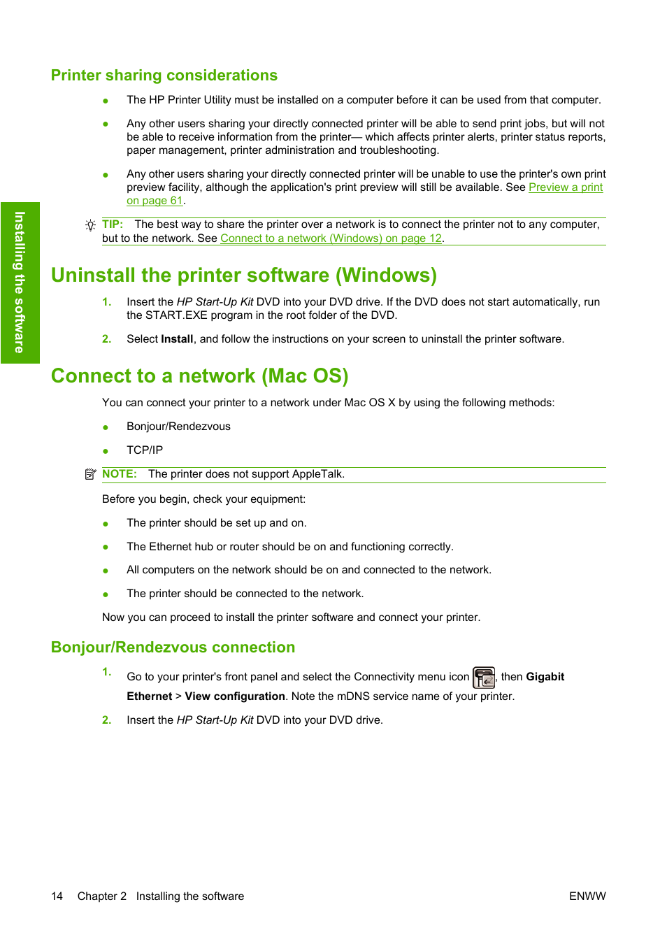 Printer sharing considerations, Uninstall the printer software (windows), Connect to a network (mac os) | Bonjour/rendezvous connection | HP Designjet T1120 Printer series User Manual | Page 23 / 207