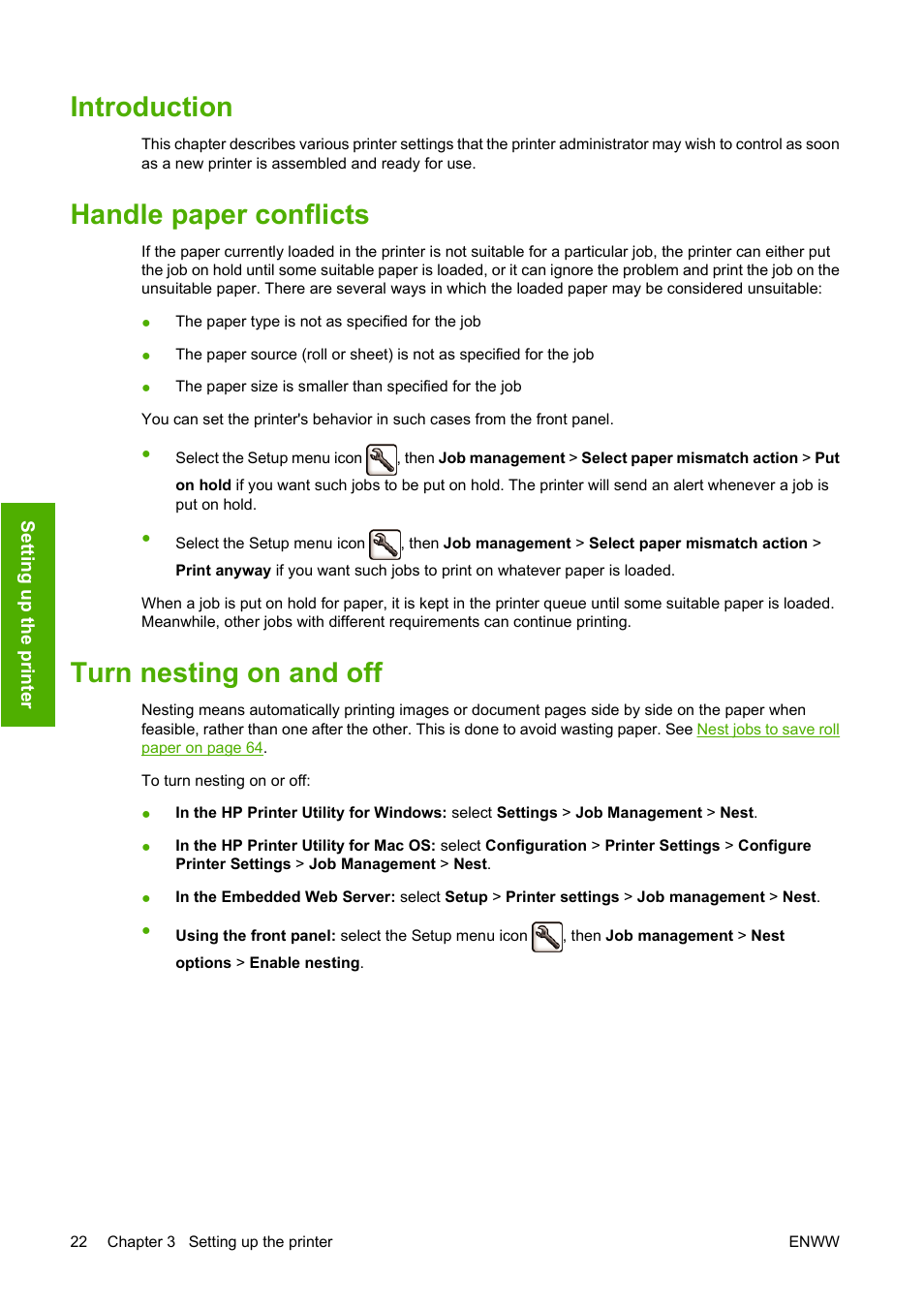 Introduction, Handle paper conflicts, Turn nesting on and off | HP Designjet T1120 Printer series User Manual | Page 31 / 207