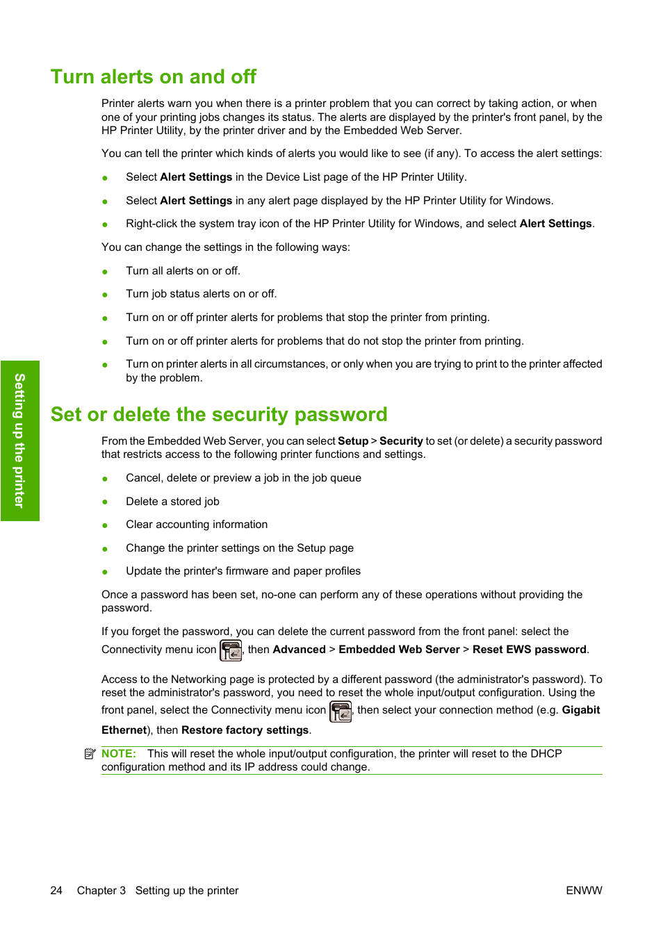 Turn alerts on and off, Set or delete the security password | HP Designjet T1120 Printer series User Manual | Page 33 / 207