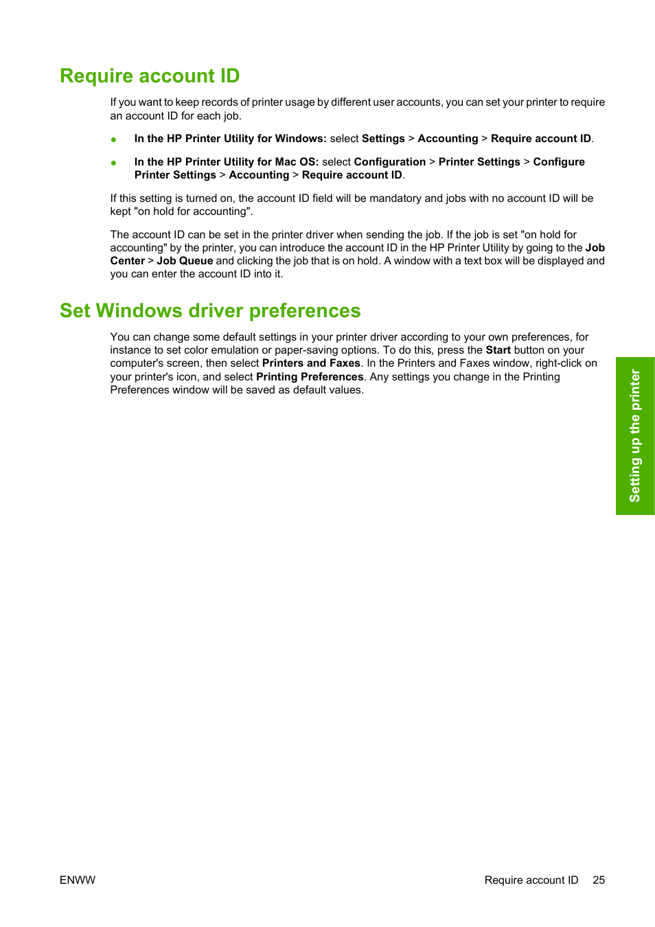 Require account id, Set windows driver preferences, Require account id set windows driver preferences | HP Designjet T1120 Printer series User Manual | Page 34 / 207