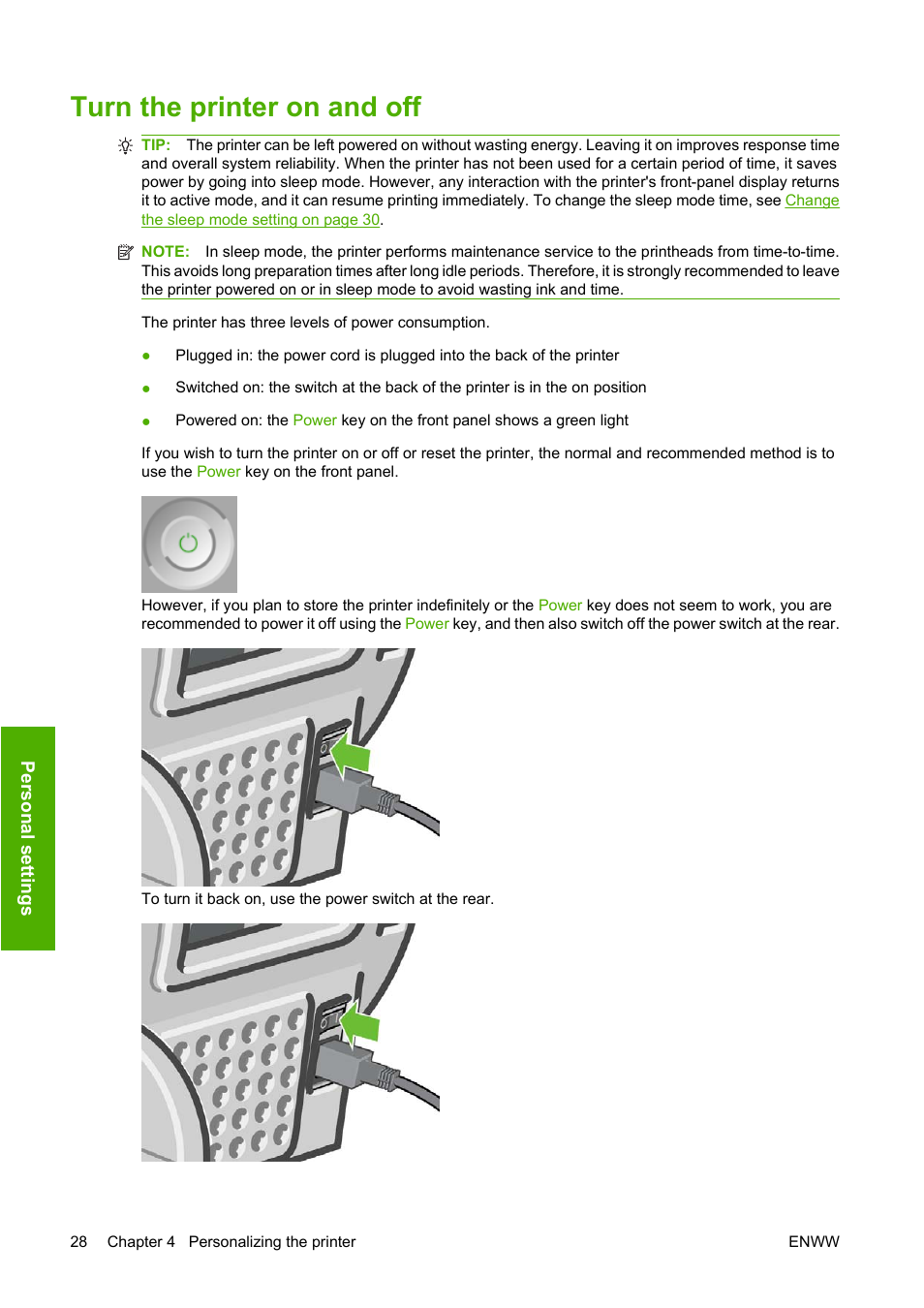 Turn the printer on and off | HP Designjet T1120 Printer series User Manual | Page 37 / 207