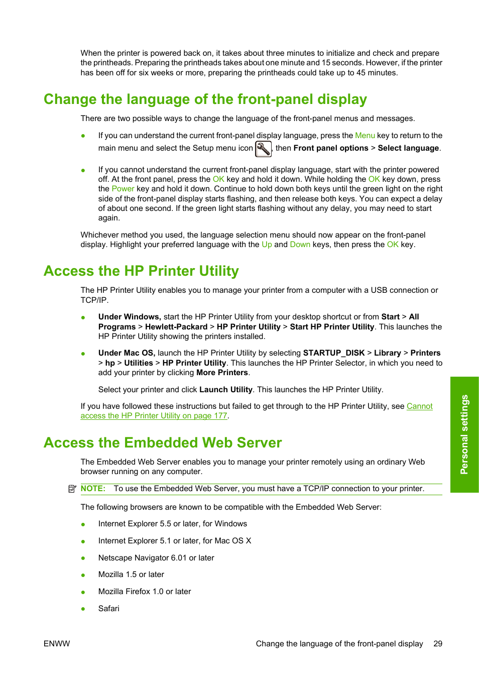 Change the language of the front-panel display, Access the hp printer utility, Access the embedded web server | HP Designjet T1120 Printer series User Manual | Page 38 / 207