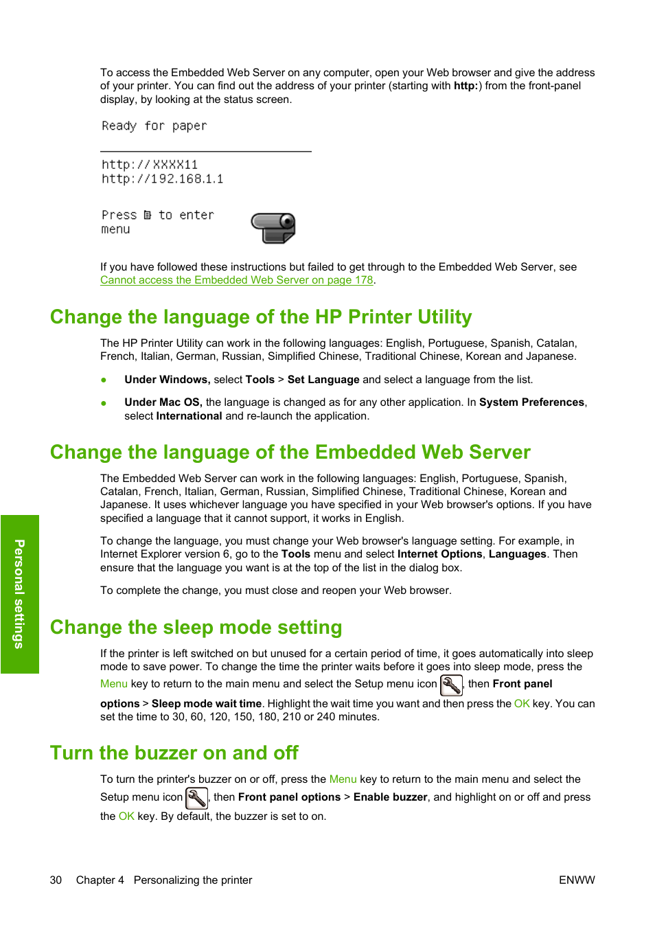 Change the language of the hp printer utility, Change the language of the embedded web server, Change the sleep mode setting | Turn the buzzer on and off, Change | HP Designjet T1120 Printer series User Manual | Page 39 / 207