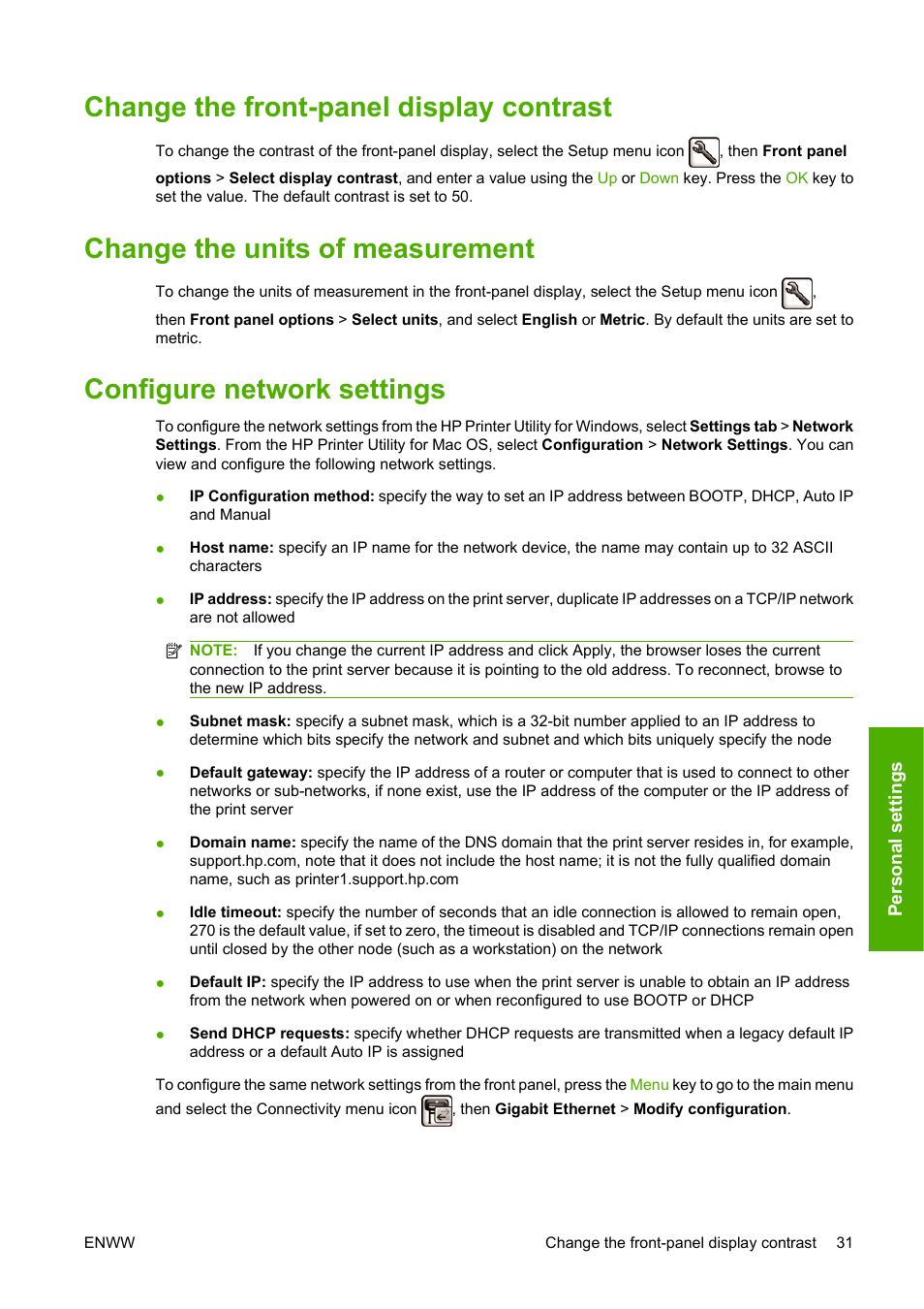 Change the front-panel display contrast, Change the units of measurement, Configure network settings | HP Designjet T1120 Printer series User Manual | Page 40 / 207