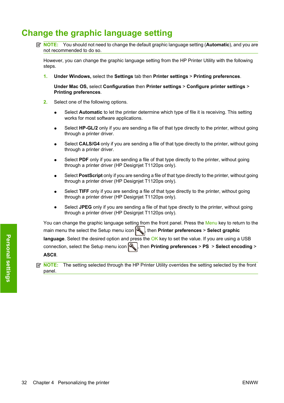 Change the graphic language setting | HP Designjet T1120 Printer series User Manual | Page 41 / 207