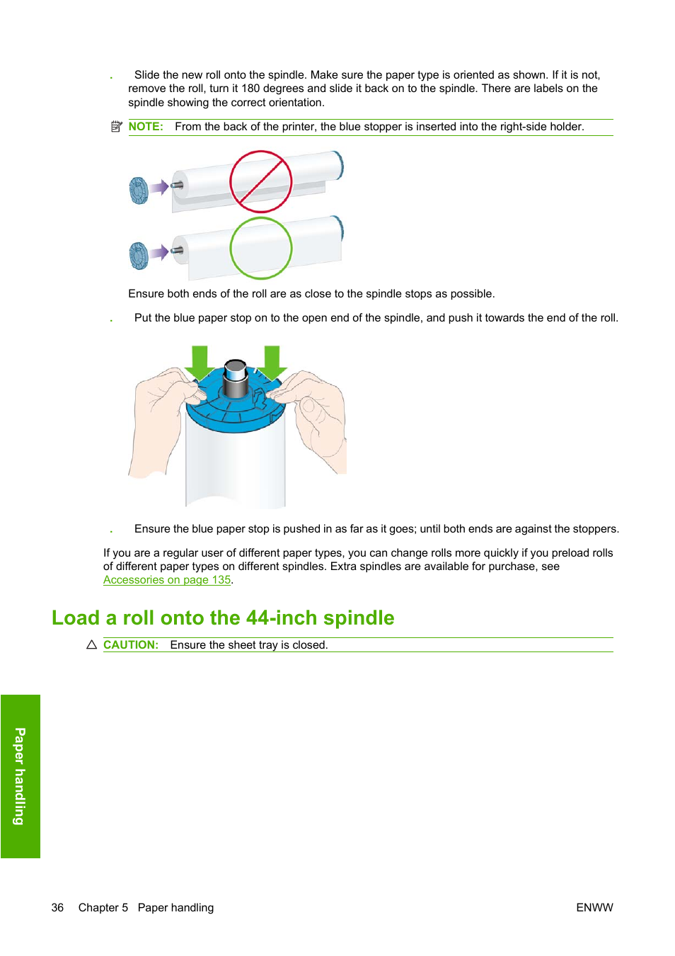 Load a roll onto the 44-inch spindle | HP Designjet T1120 Printer series User Manual | Page 45 / 207