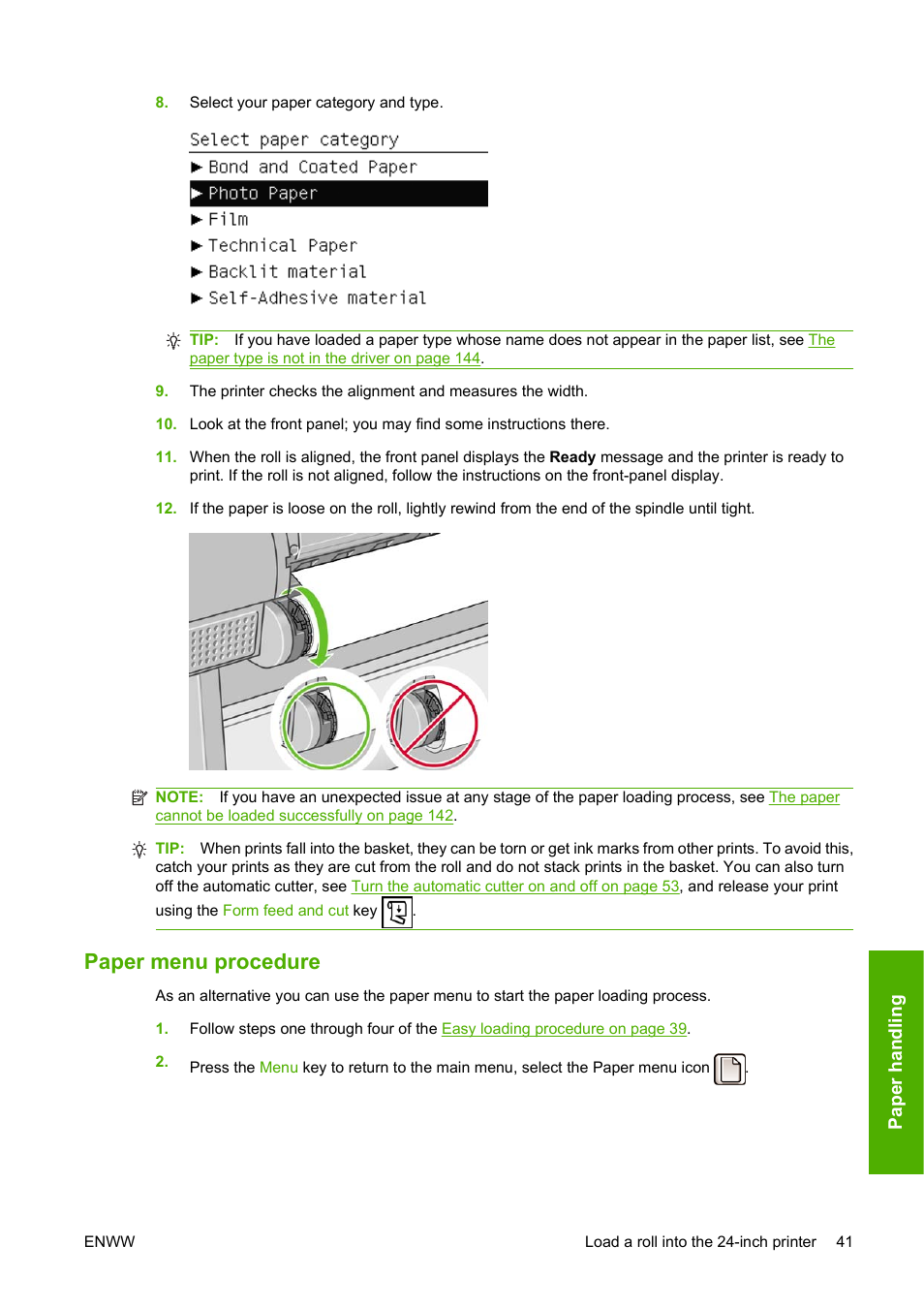 Paper menu procedure | HP Designjet T1120 Printer series User Manual | Page 50 / 207