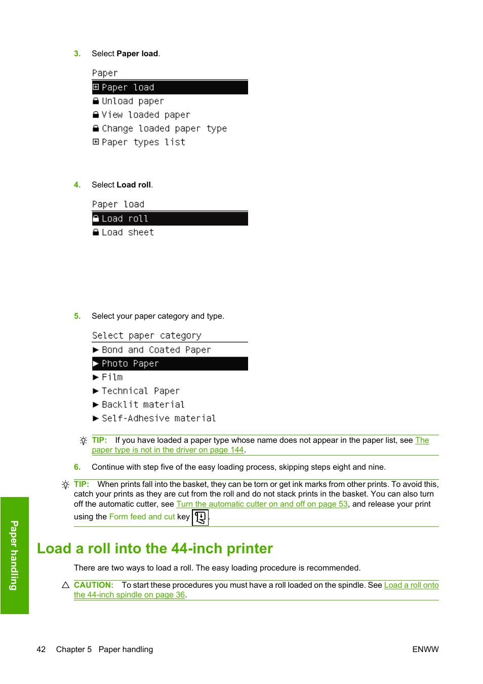 Load a roll into the 44-inch printer | HP Designjet T1120 Printer series User Manual | Page 51 / 207
