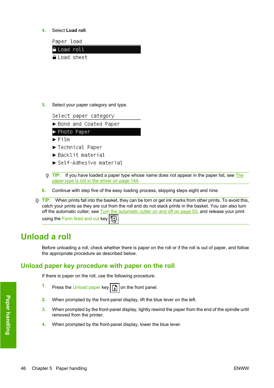 Unload a roll, Unload paper key procedure with paper on the roll | HP Designjet T1120 Printer series User Manual | Page 55 / 207