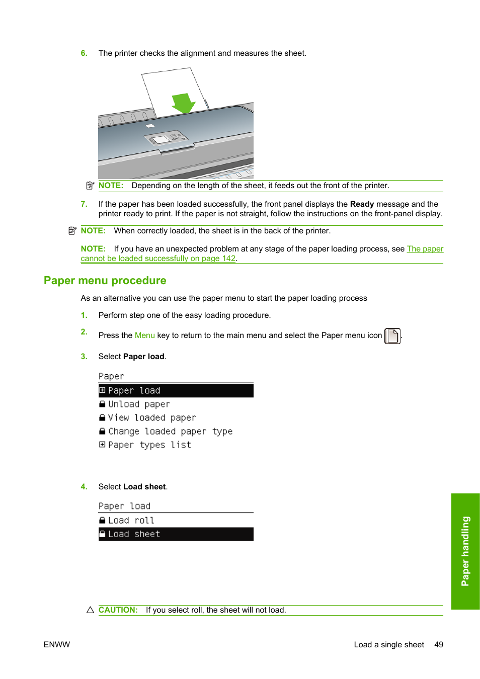 Paper menu procedure | HP Designjet T1120 Printer series User Manual | Page 58 / 207