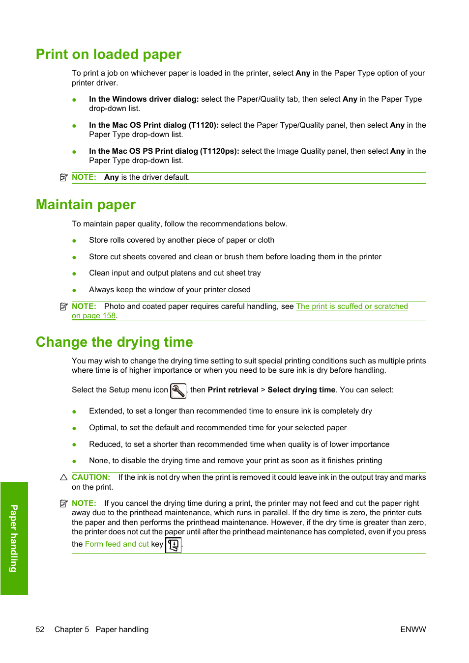 Print on loaded paper, Maintain paper, Change the drying time | HP Designjet T1120 Printer series User Manual | Page 61 / 207