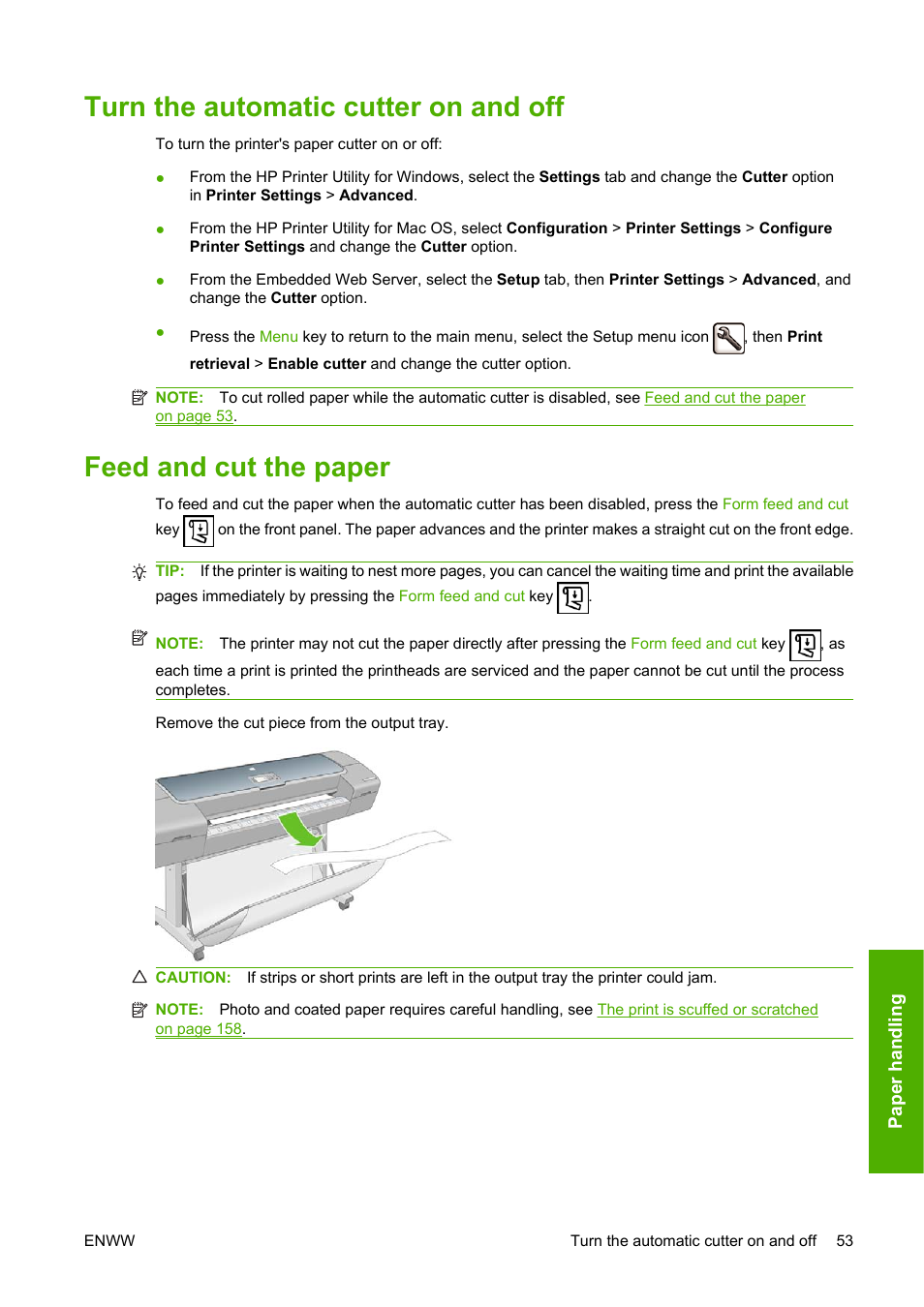 Turn the automatic cutter on and off, Feed and cut the paper, And re | HP Designjet T1120 Printer series User Manual | Page 62 / 207