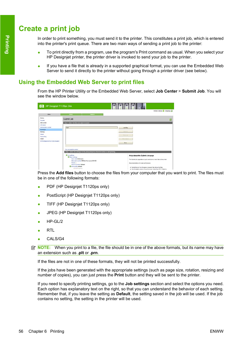 Create a print job, Using the embedded web server to print files | HP Designjet T1120 Printer series User Manual | Page 65 / 207