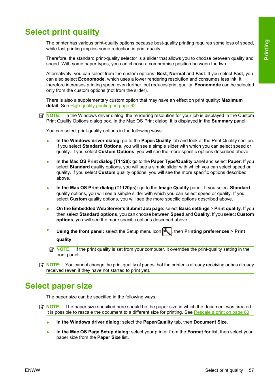 Select print quality, Select paper size, Select print quality select paper size | HP Designjet T1120 Printer series User Manual | Page 66 / 207