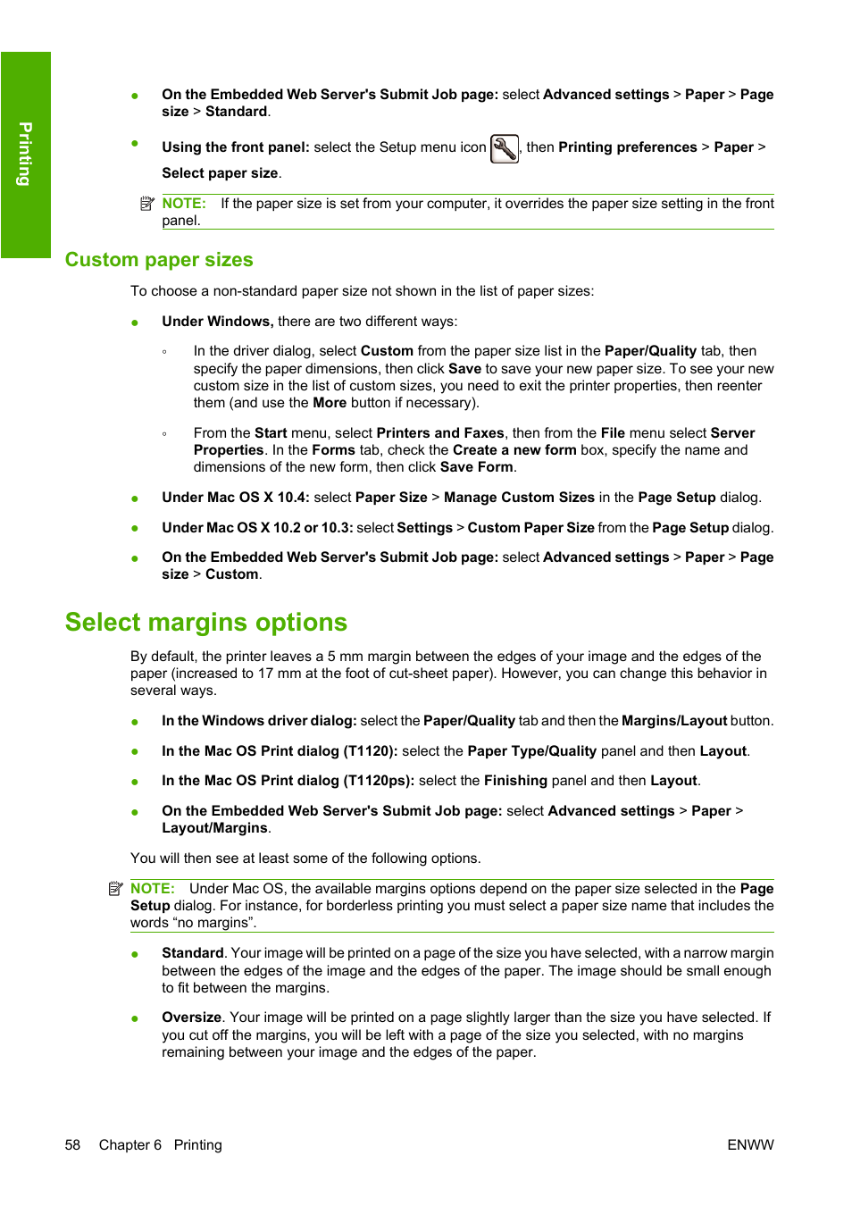 Custom paper sizes, Select margins options | HP Designjet T1120 Printer series User Manual | Page 67 / 207