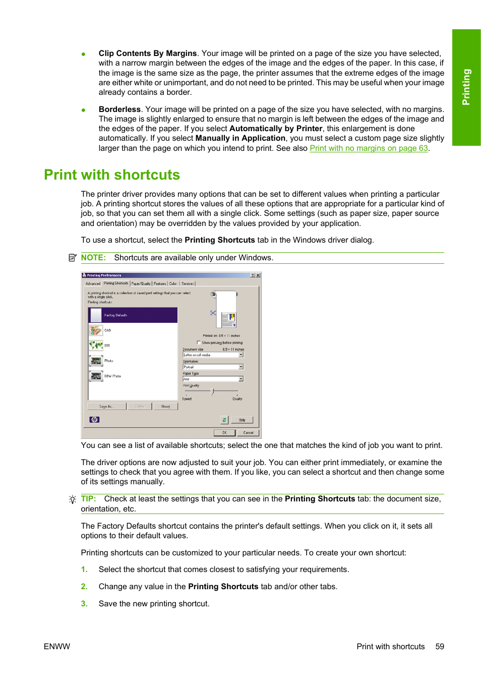 Print with shortcuts | HP Designjet T1120 Printer series User Manual | Page 68 / 207