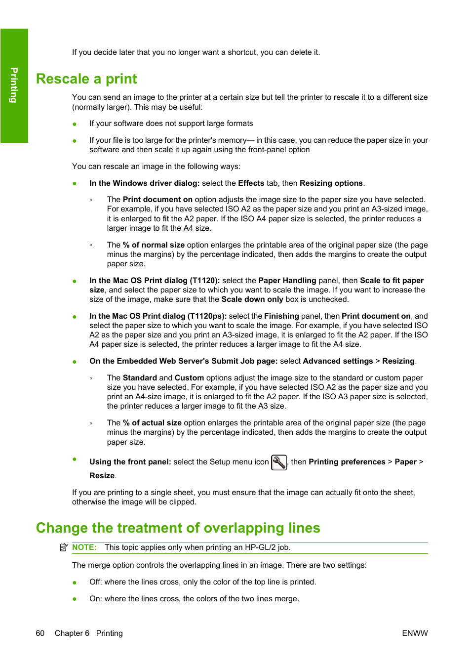 Rescale a print, Change the treatment of overlapping lines | HP Designjet T1120 Printer series User Manual | Page 69 / 207
