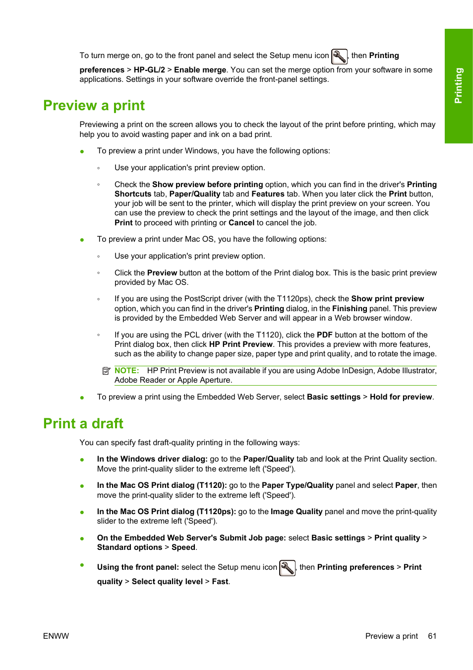 Preview a print, Print a draft, Preview a print print a draft | HP Designjet T1120 Printer series User Manual | Page 70 / 207