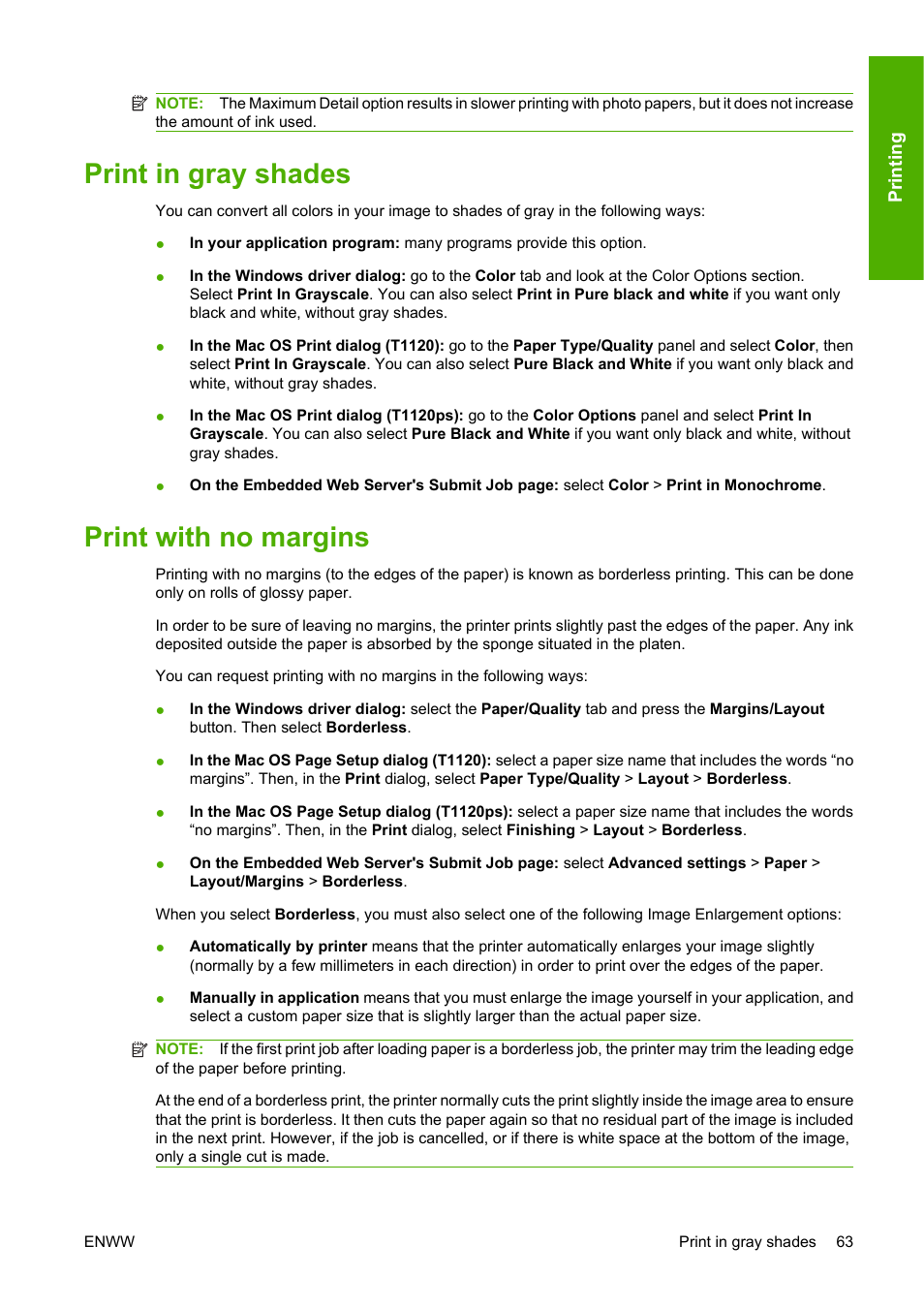 Print in gray shades, Print with no margins, Print in gray shades print with no margins | HP Designjet T1120 Printer series User Manual | Page 72 / 207