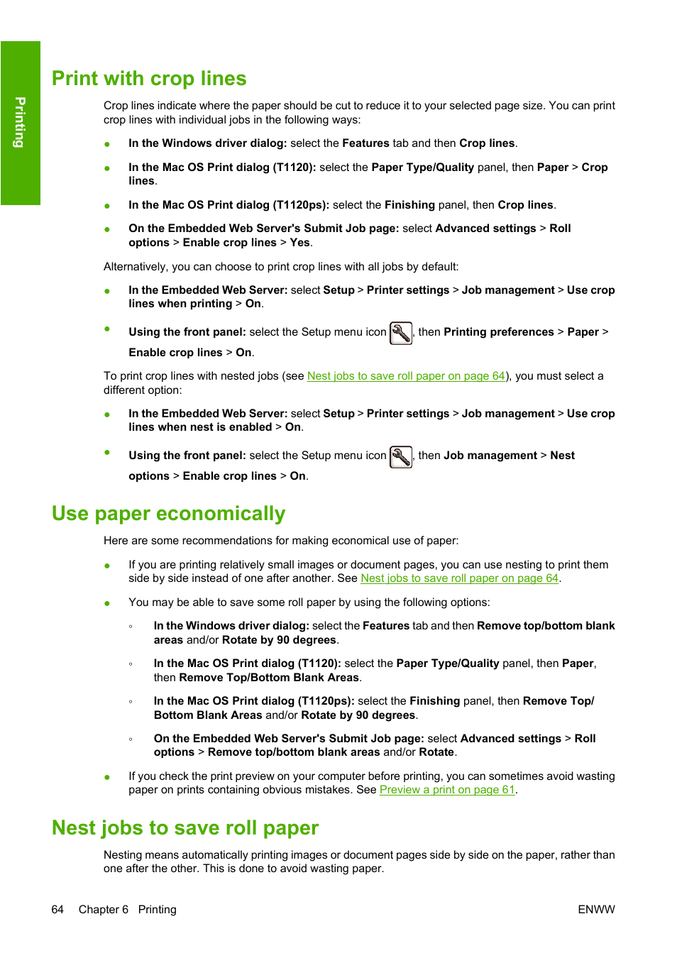 Print with crop lines, Use paper economically, Nest jobs to save roll paper | Nest jobs to save roll | HP Designjet T1120 Printer series User Manual | Page 73 / 207