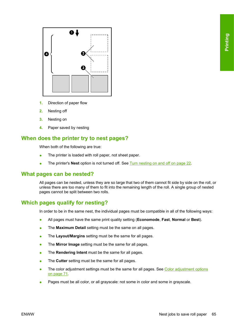 When does the printer try to nest pages, What pages can be nested, Which pages qualify for nesting | HP Designjet T1120 Printer series User Manual | Page 74 / 207