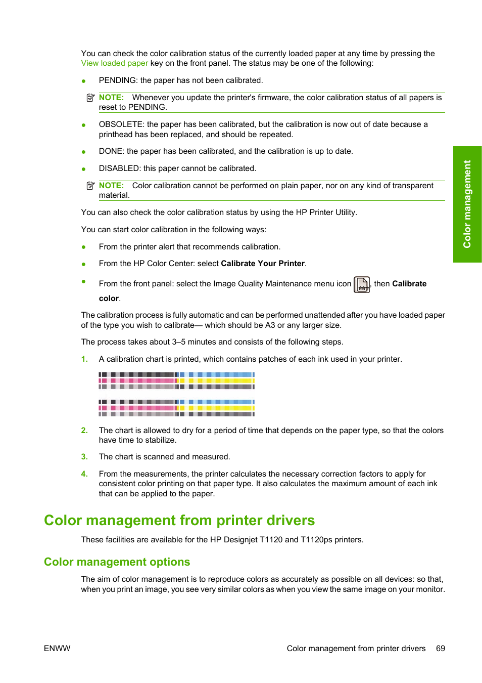 Color management from printer drivers, Color management options | HP Designjet T1120 Printer series User Manual | Page 78 / 207