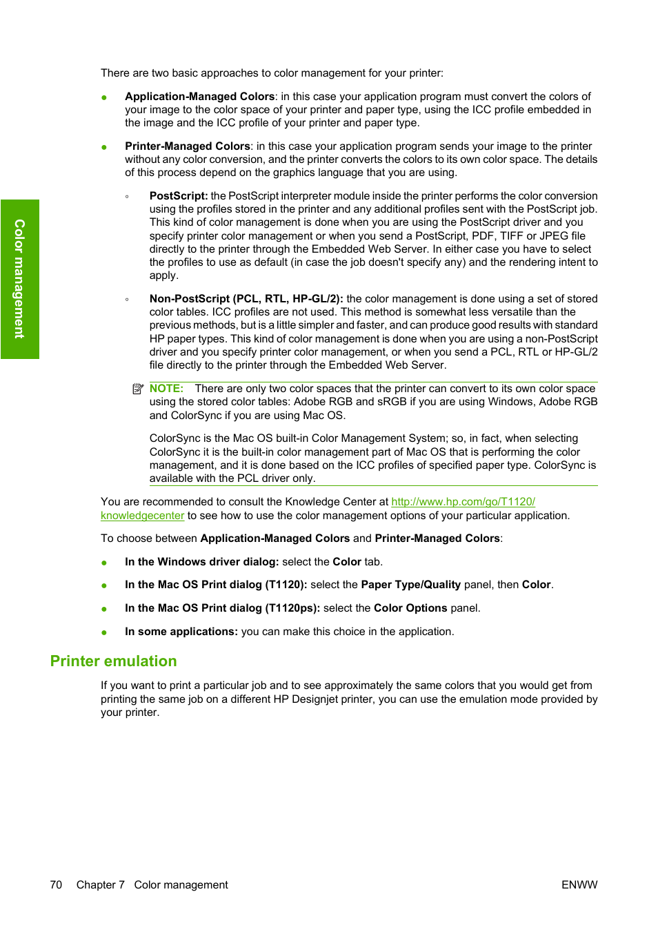 Printer emulation | HP Designjet T1120 Printer series User Manual | Page 79 / 207