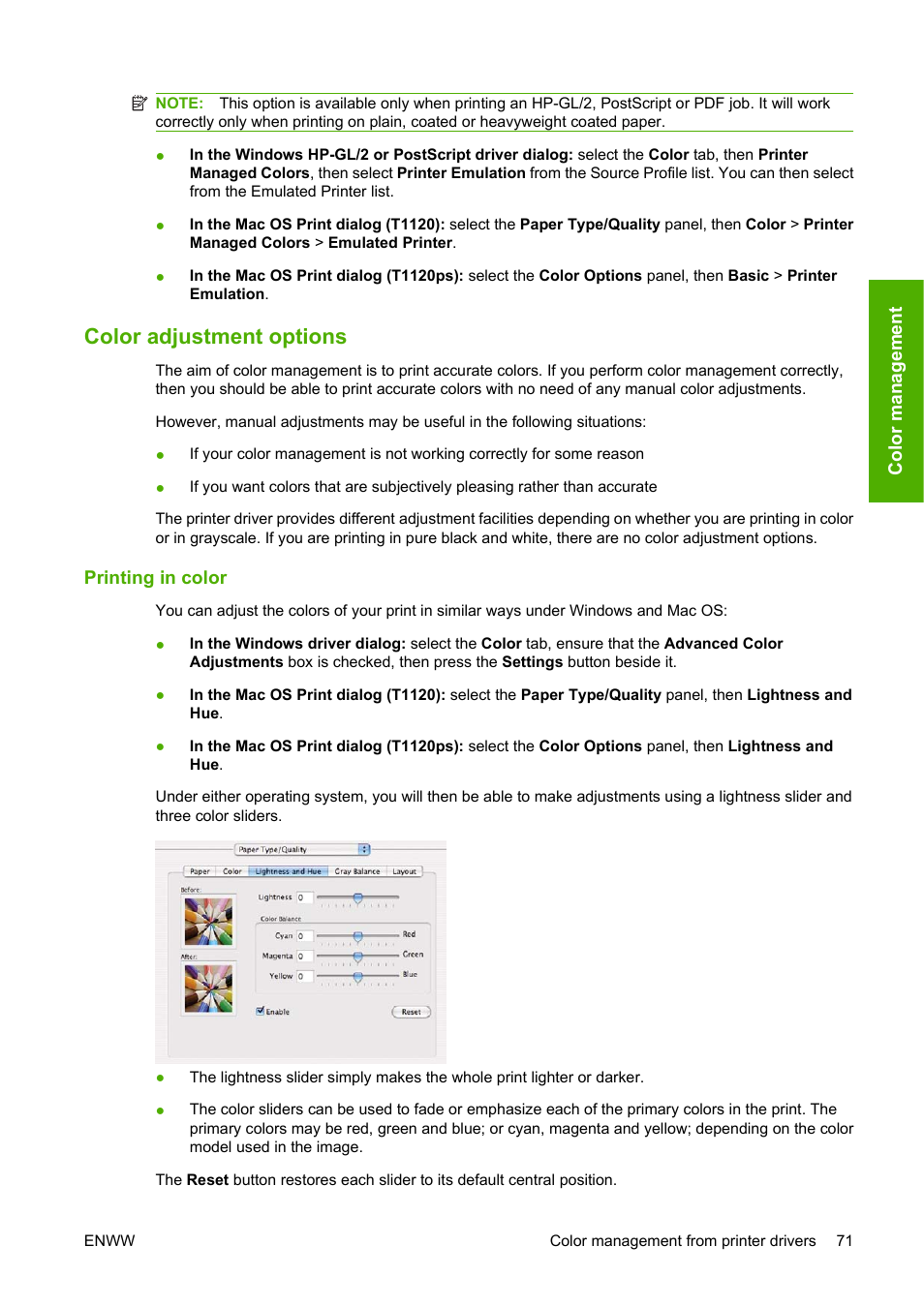 Color adjustment options, Printing in color | HP Designjet T1120 Printer series User Manual | Page 80 / 207