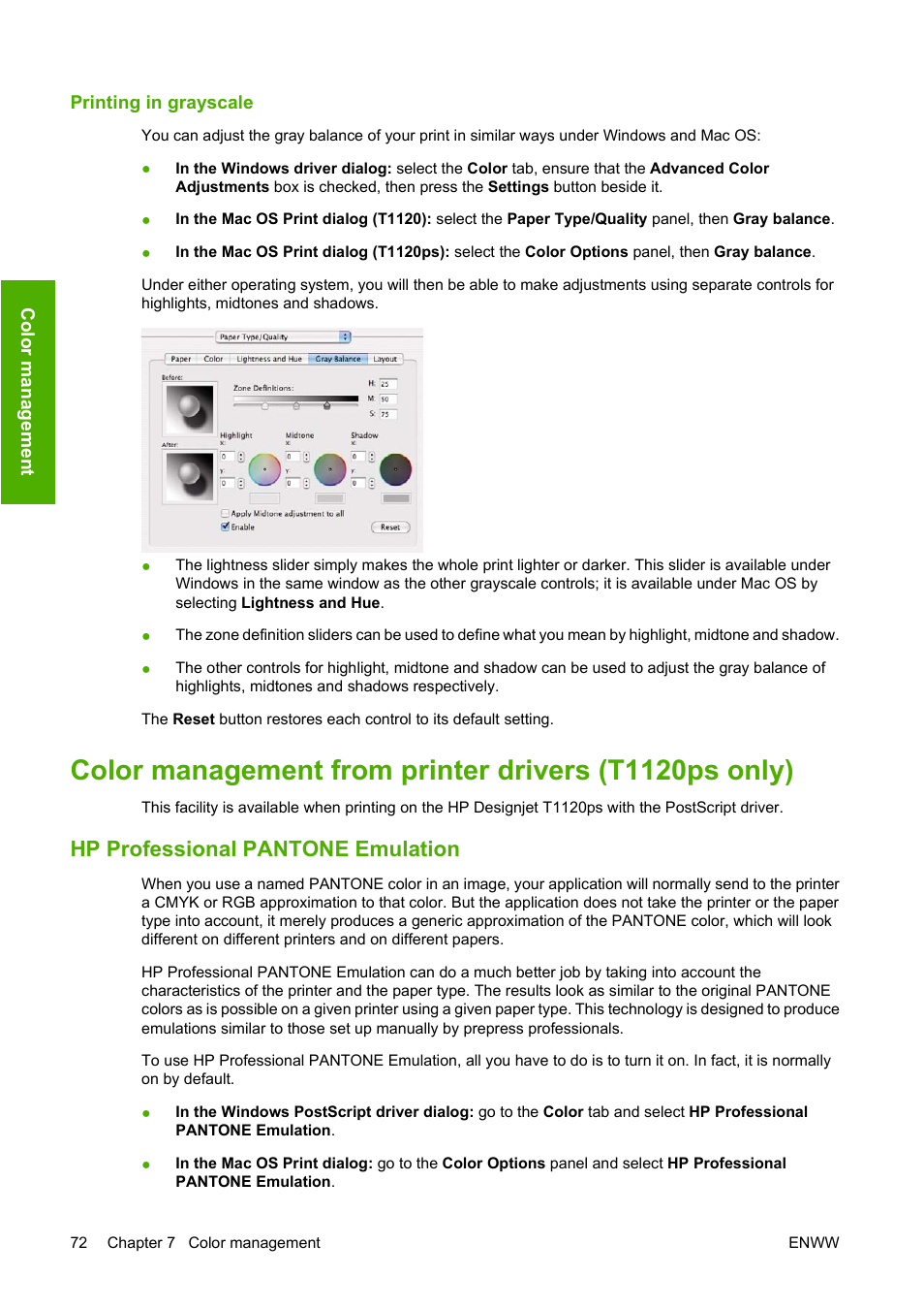 Printing in grayscale, Hp professional pantone emulation | HP Designjet T1120 Printer series User Manual | Page 81 / 207