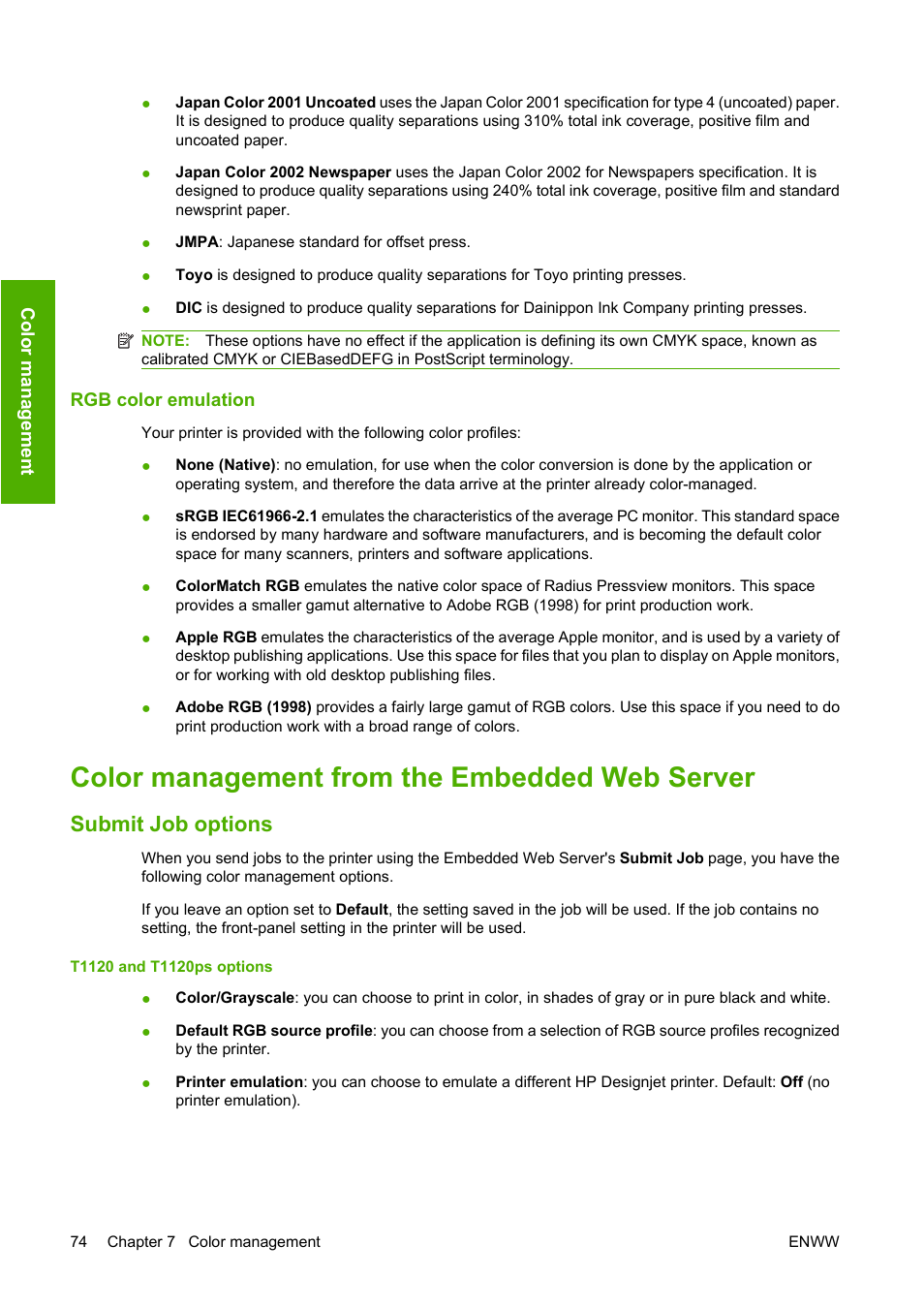 Rgb color emulation, Color management from the embedded web server, Submit job options | HP Designjet T1120 Printer series User Manual | Page 83 / 207