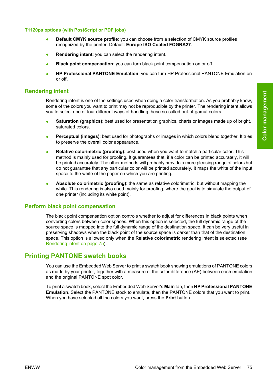 Rendering intent, Perform black point compensation, Printing pantone swatch books | HP Designjet T1120 Printer series User Manual | Page 84 / 207