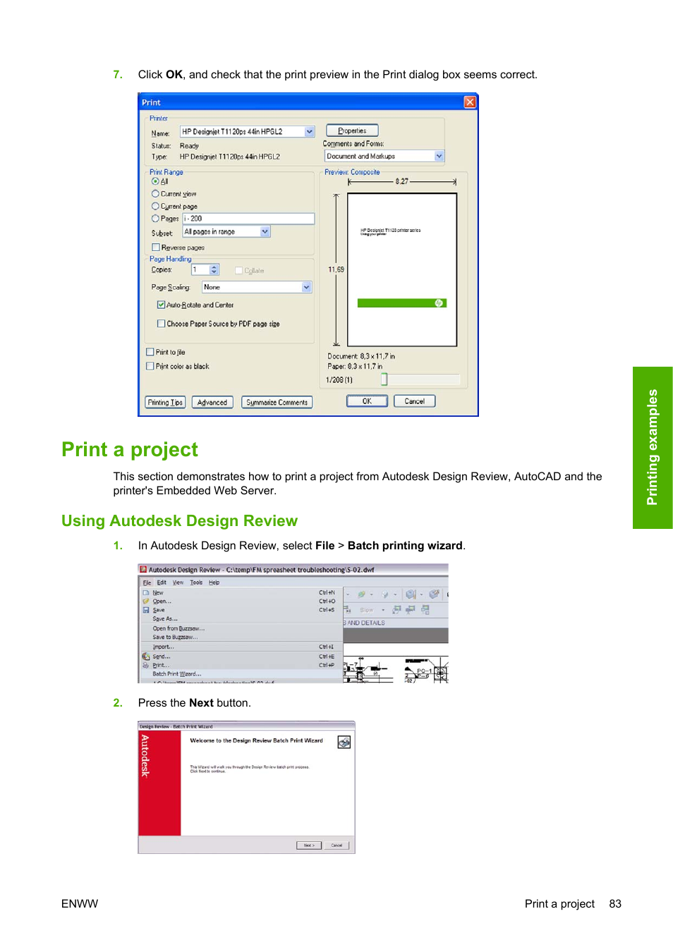 Print a project, Using autodesk design review | HP Designjet T1120 Printer series User Manual | Page 92 / 207