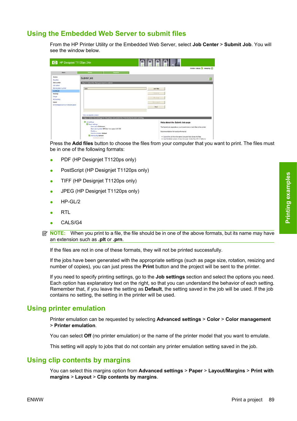 Using the embedded web server to submit files, Using printer emulation, Using clip contents by margins | HP Designjet T1120 Printer series User Manual | Page 98 / 207