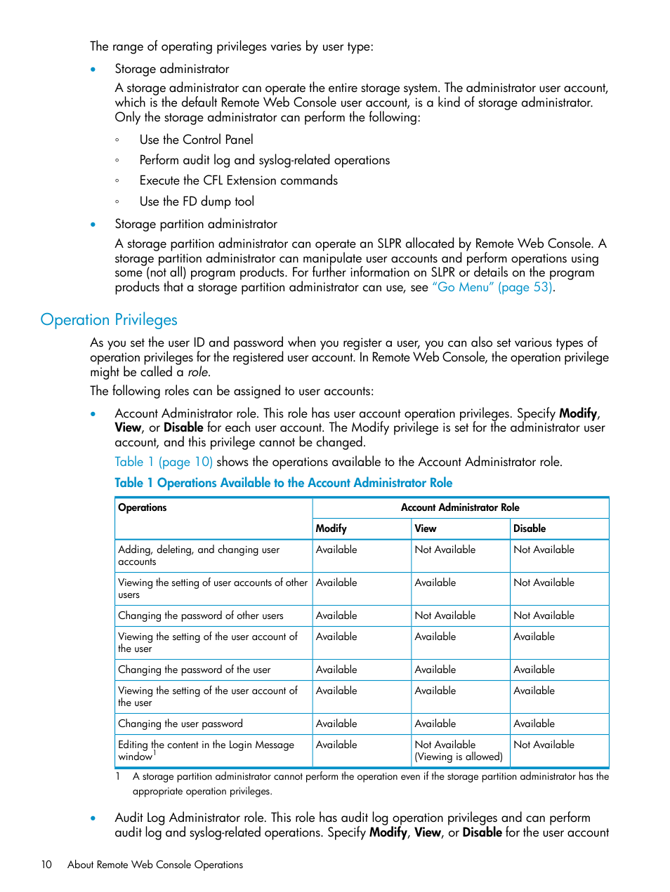 Operation privileges | HP XP20000XP24000 Disk Array User Manual | Page 10 / 151