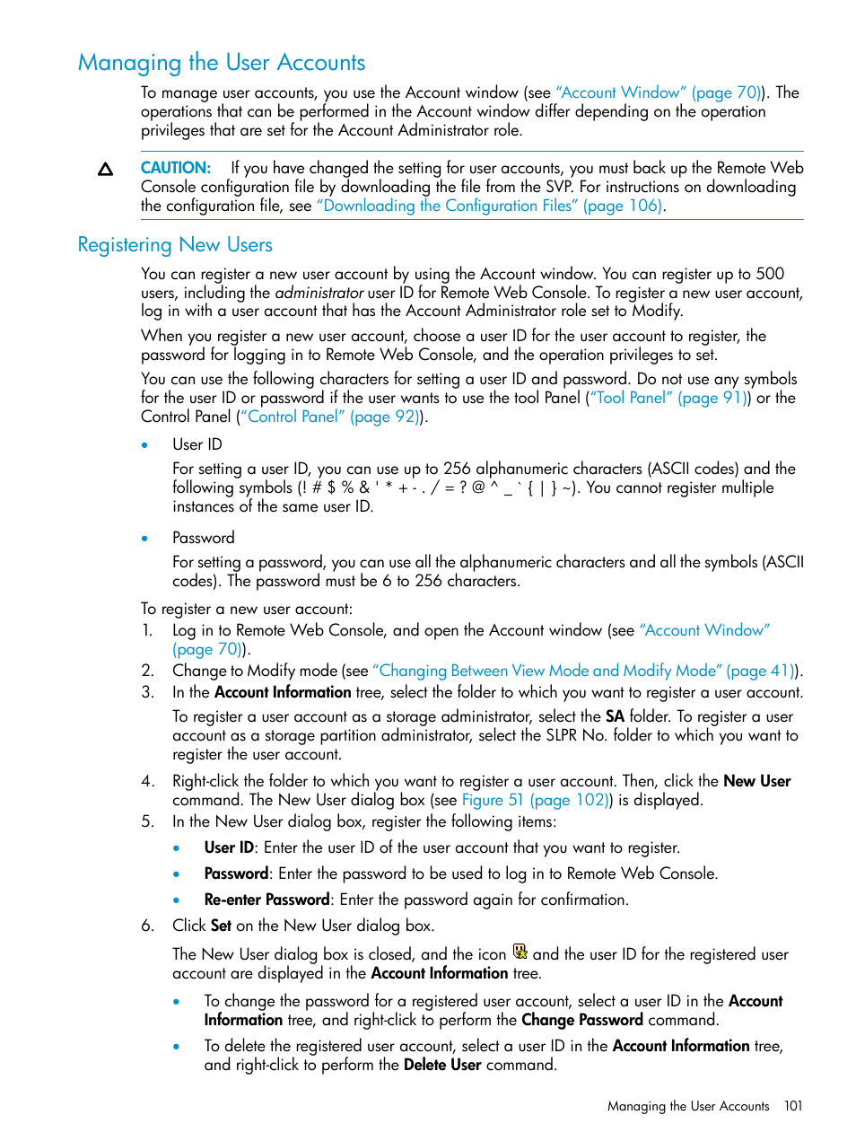 Managing the user accounts, Registering new users, Registering | HP XP20000XP24000 Disk Array User Manual | Page 101 / 151