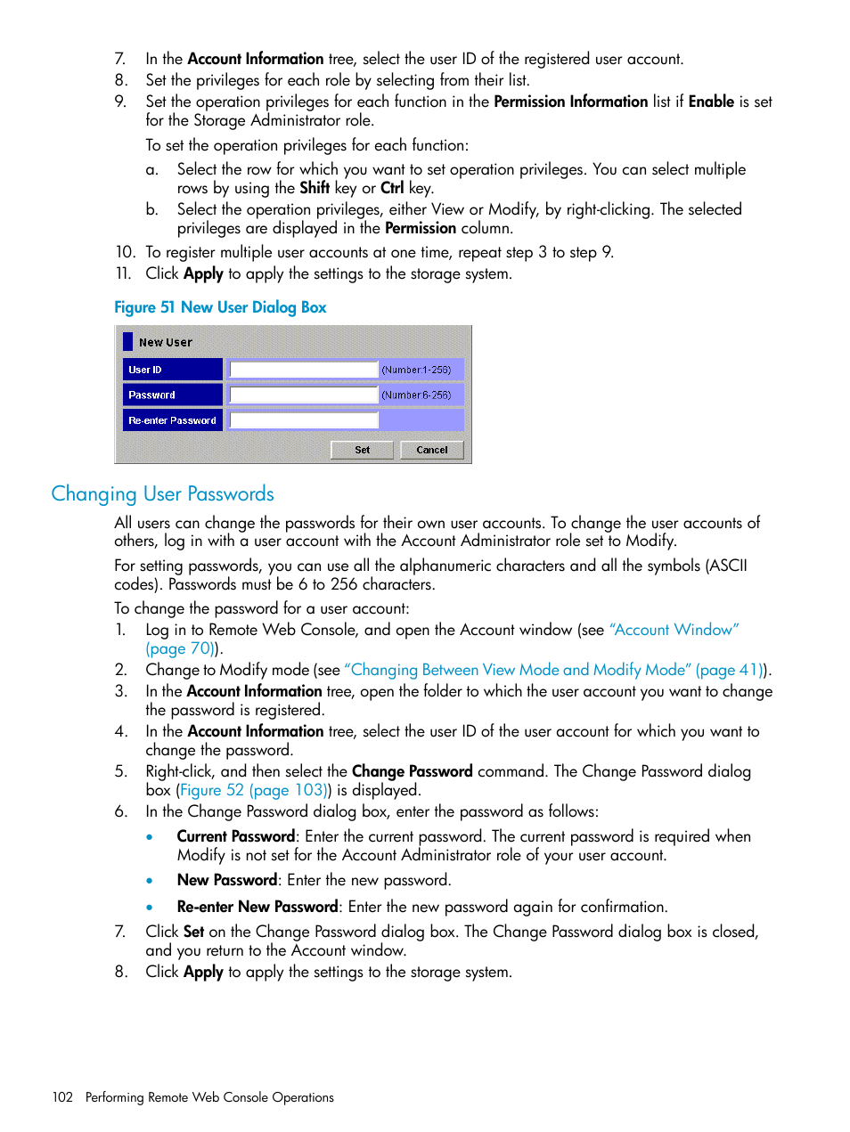 Changing user passwords | HP XP20000XP24000 Disk Array User Manual | Page 102 / 151