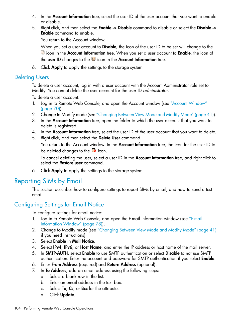 Deleting users, Reporting sims by email, Configuring settings for email notice | HP XP20000XP24000 Disk Array User Manual | Page 104 / 151
