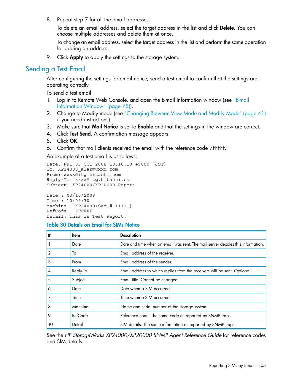 Sending a test email | HP XP20000XP24000 Disk Array User Manual | Page 105 / 151