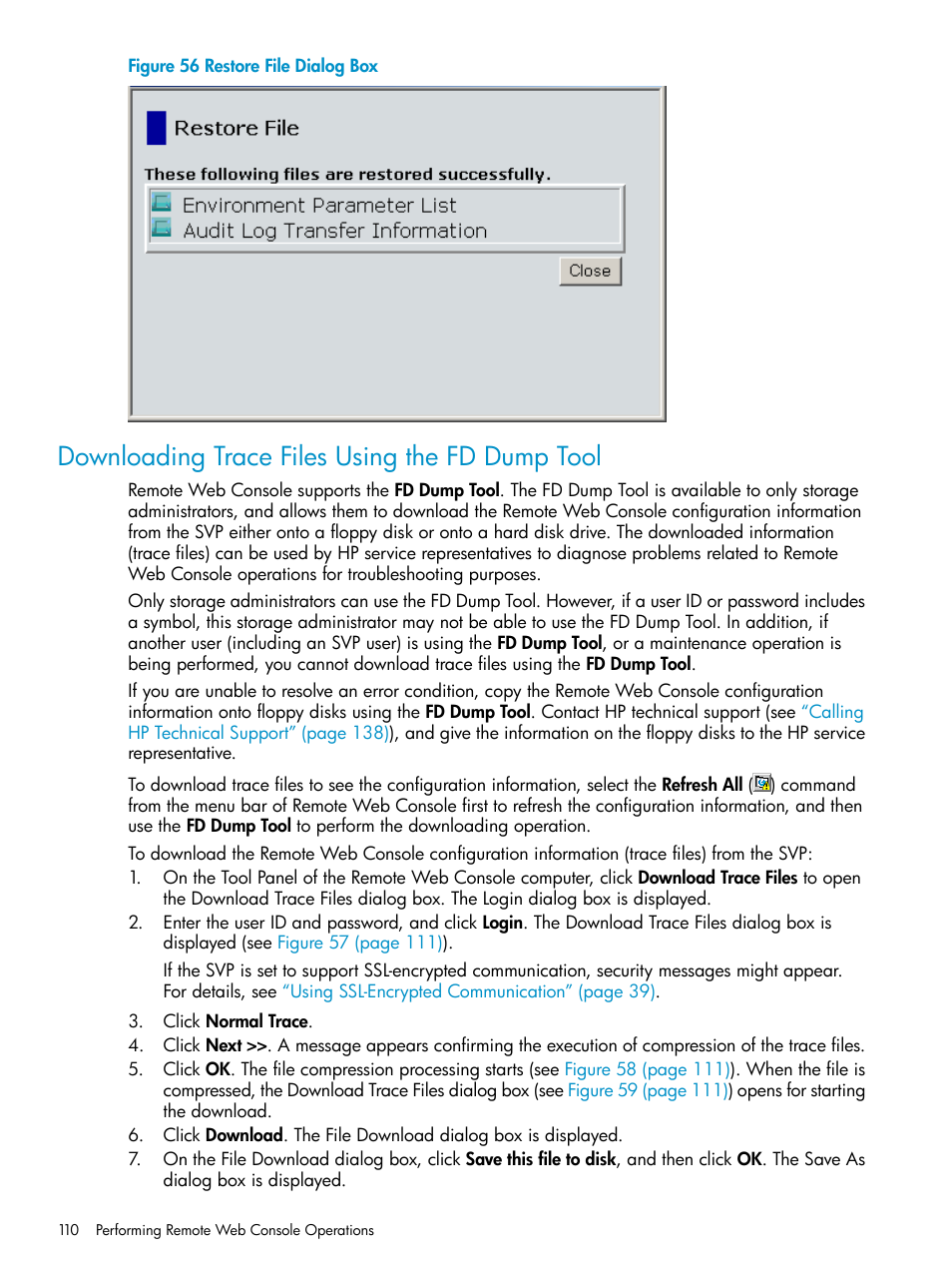 Downloading trace files using the fd dump tool, Downloading trace files using the fd | HP XP20000XP24000 Disk Array User Manual | Page 110 / 151