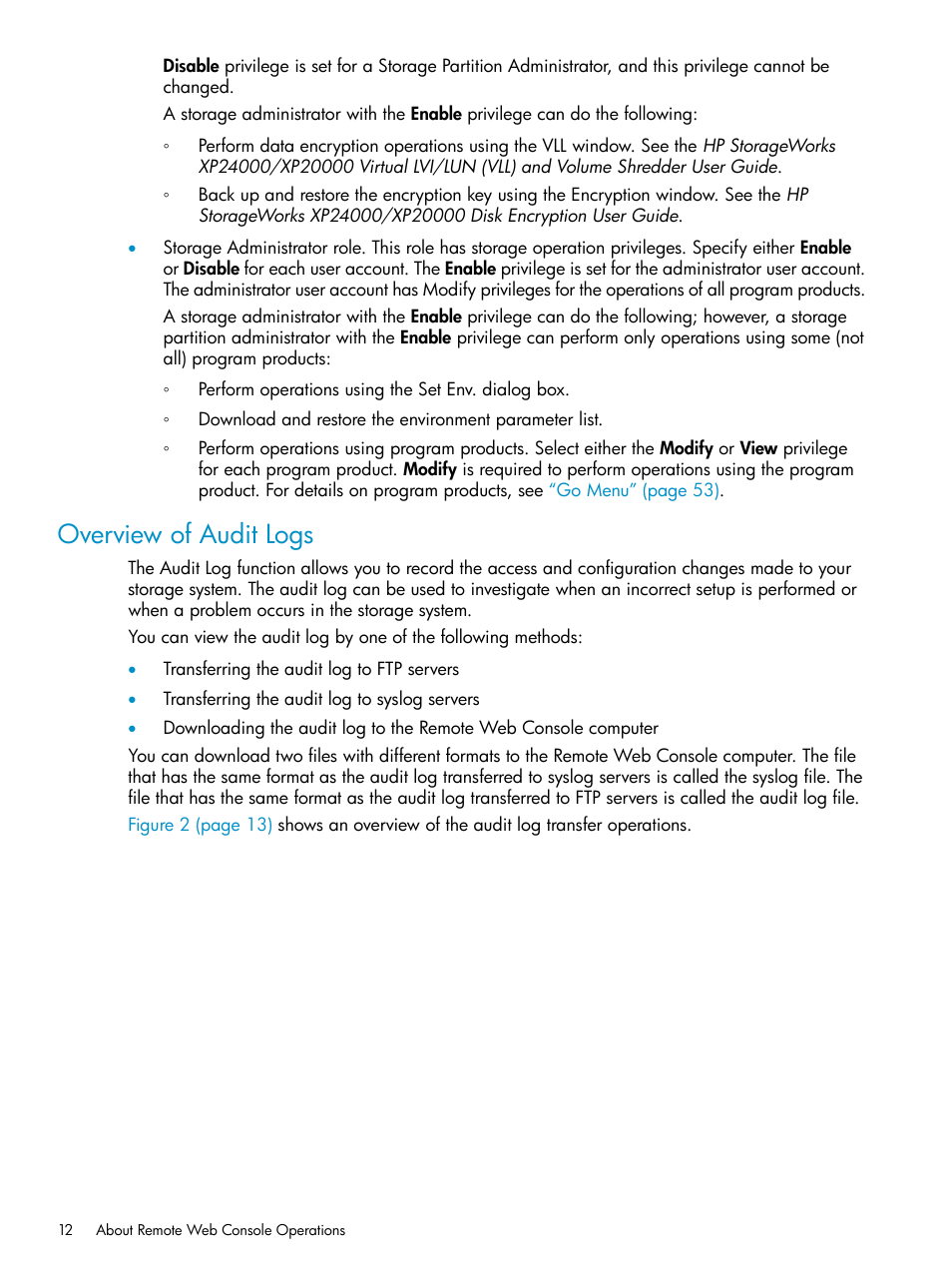 Overview of audit logs | HP XP20000XP24000 Disk Array User Manual | Page 12 / 151