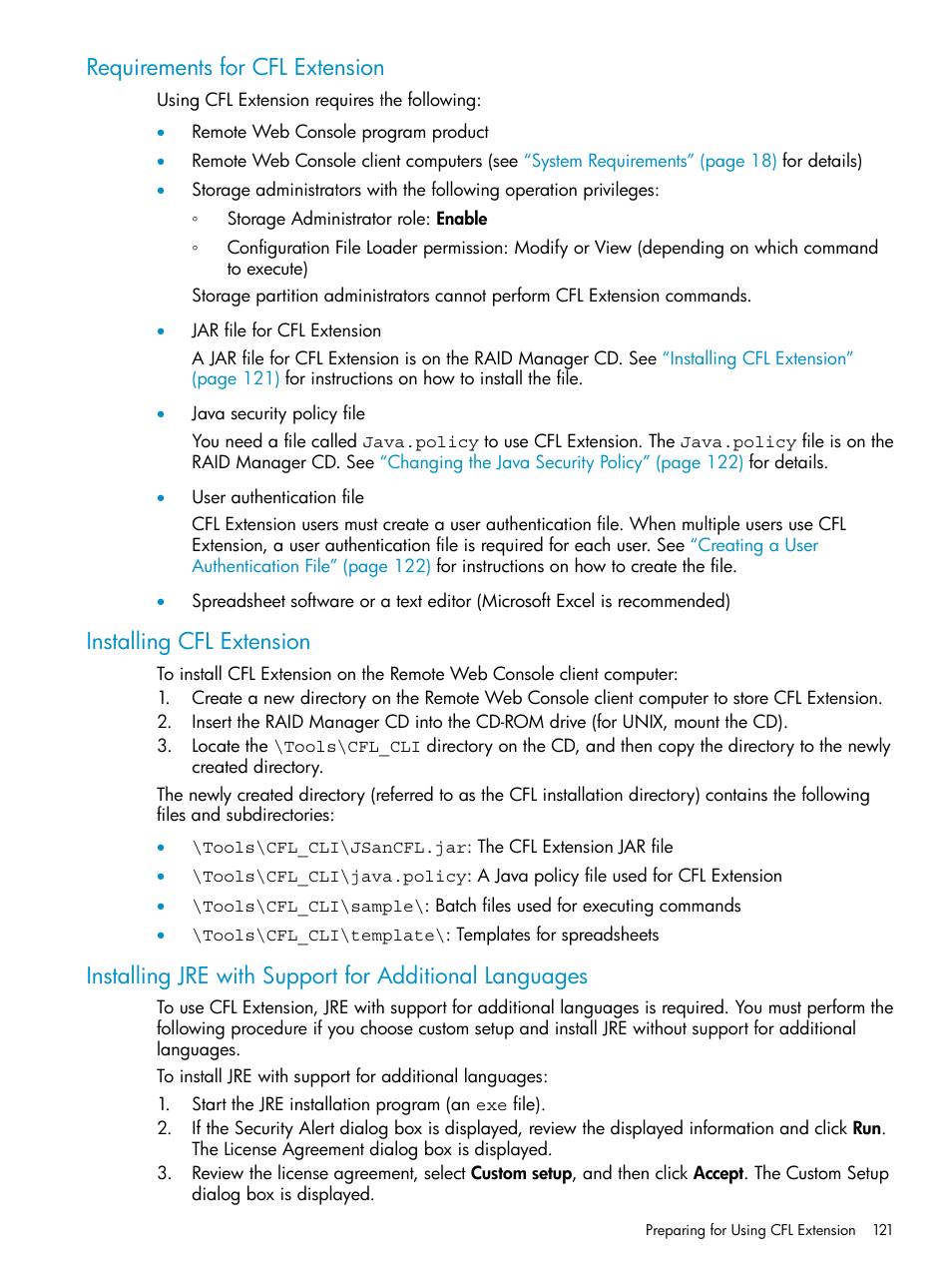 Requirements for cfl extension, Installing cfl extension | HP XP20000XP24000 Disk Array User Manual | Page 121 / 151