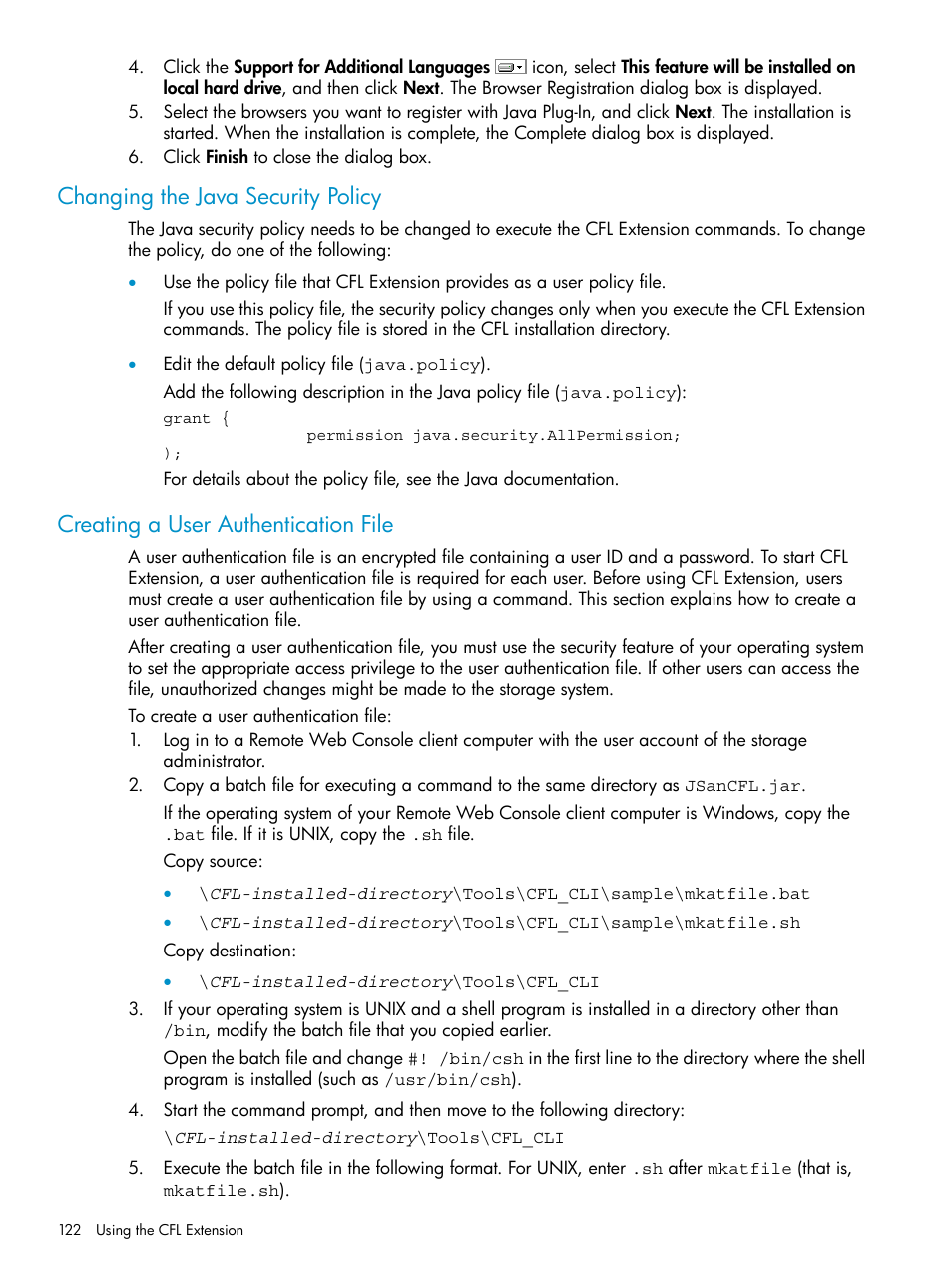 Changing the java security policy, Creating a user authentication file, Creating a user | HP XP20000XP24000 Disk Array User Manual | Page 122 / 151
