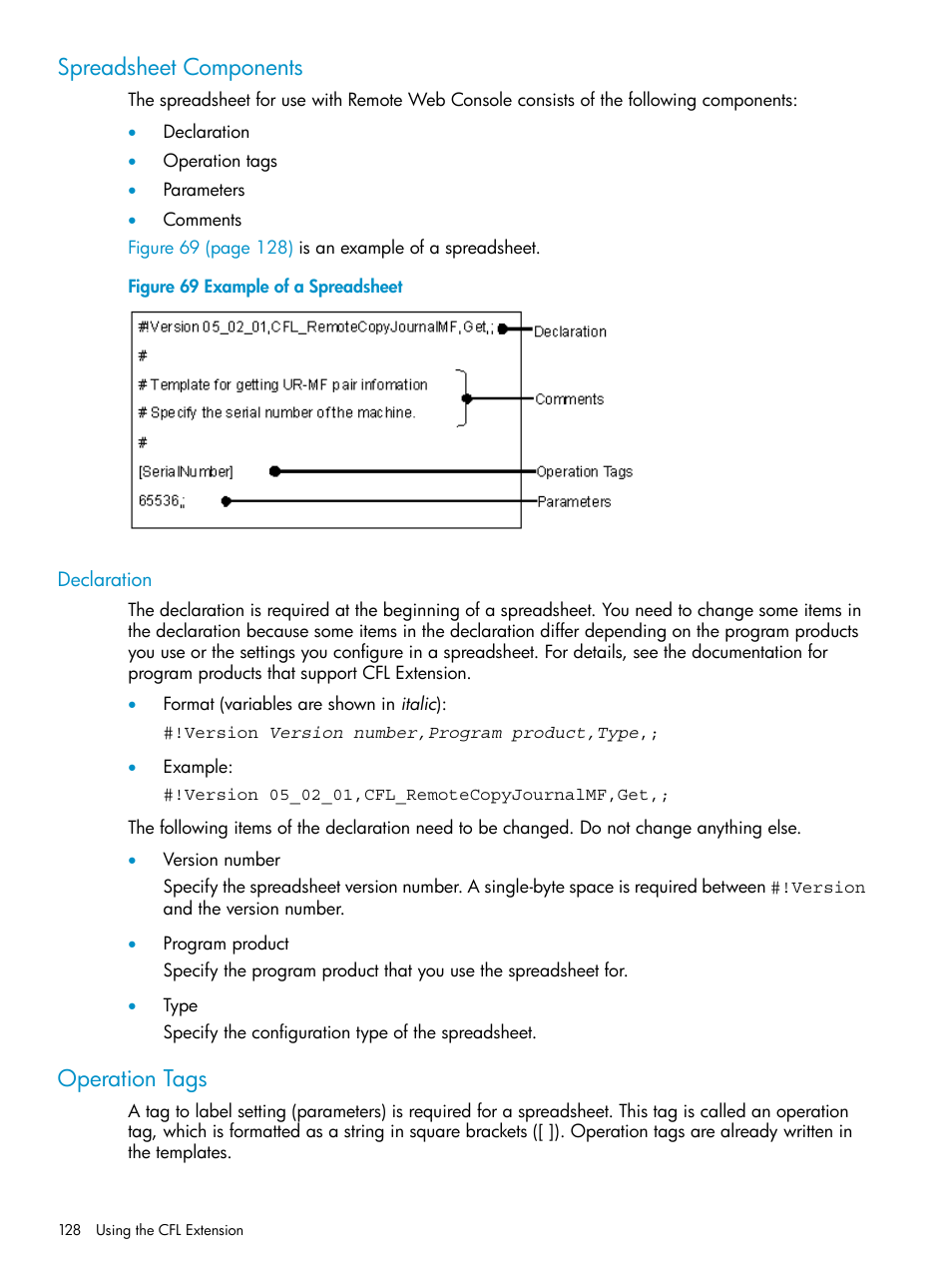 Spreadsheet components, Declaration, Operation tags | HP XP20000XP24000 Disk Array User Manual | Page 128 / 151