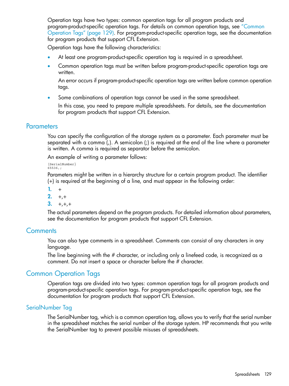 Parameters, Comments, Common operation tags | Serialnumber tag, Parameters comments common operation tags | HP XP20000XP24000 Disk Array User Manual | Page 129 / 151