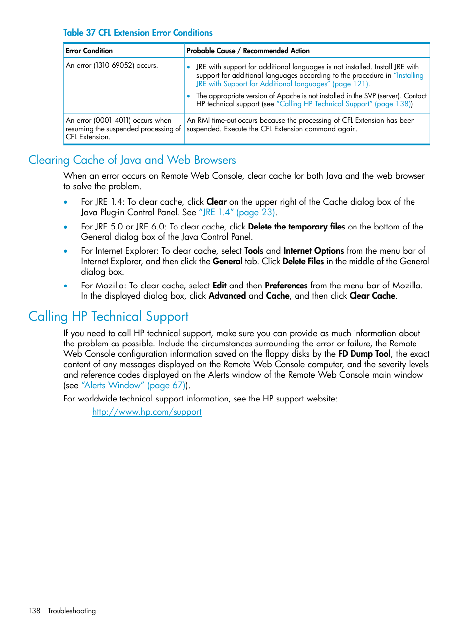 Clearing cache of java and web browsers, Calling hp technical support, Calling | Calling hp technical | HP XP20000XP24000 Disk Array User Manual | Page 138 / 151