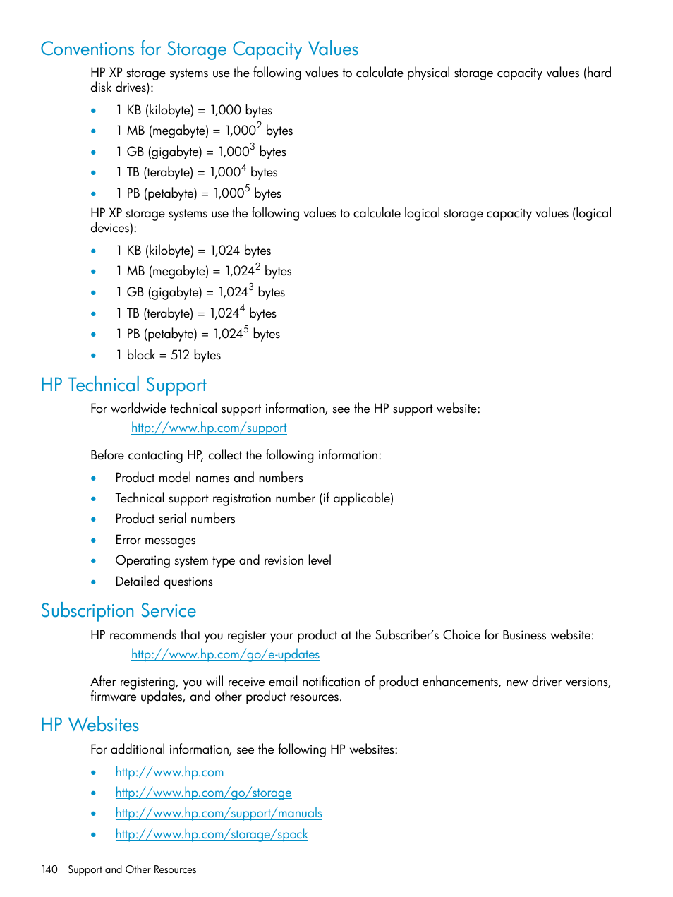 Conventions for storage capacity values, Hp technical support, Subscription service | Hp websites, Subscription service hp websites | HP XP20000XP24000 Disk Array User Manual | Page 140 / 151