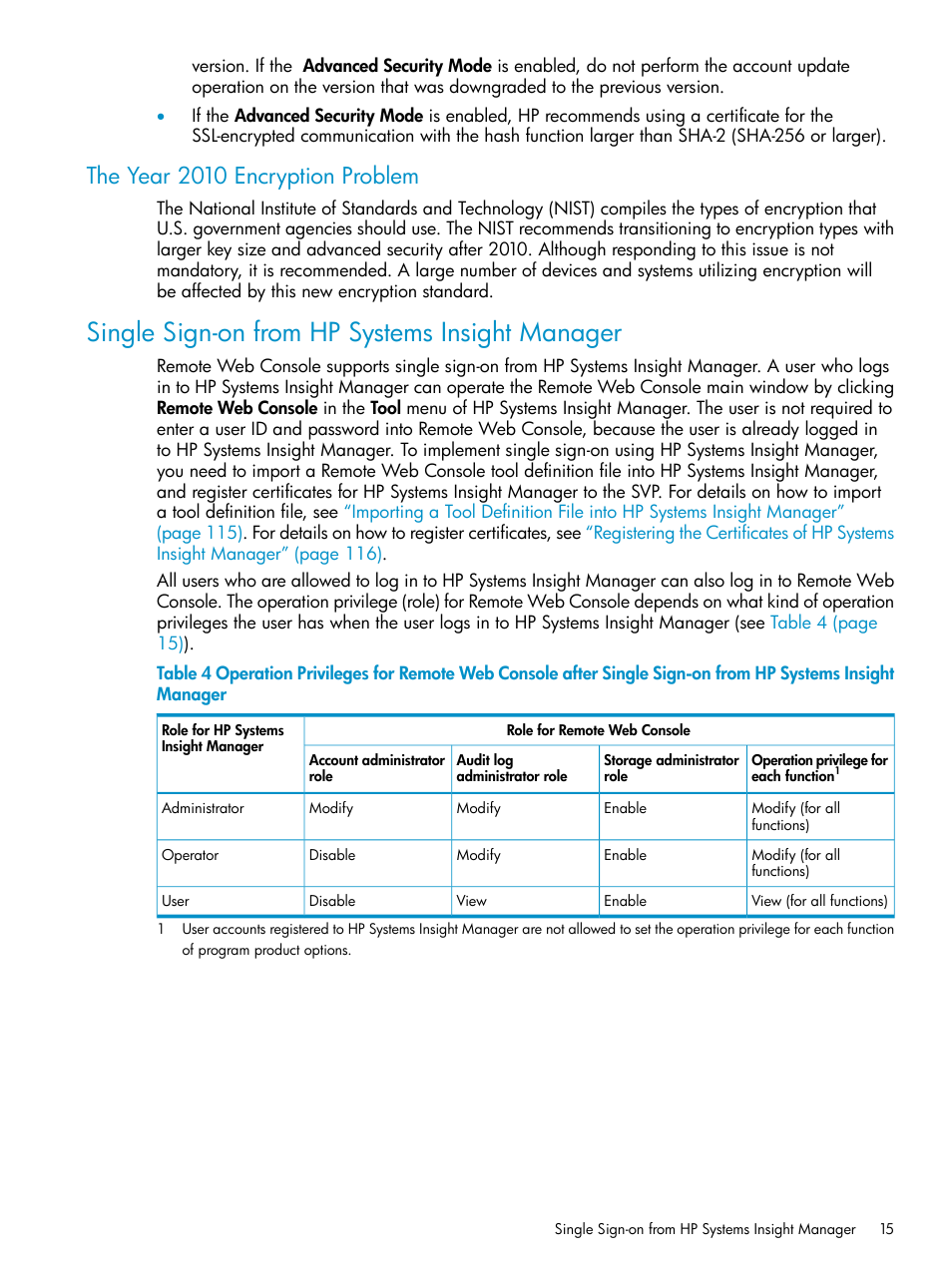 The year 2010 encryption problem, Single sign-on from hp systems insight manager | HP XP20000XP24000 Disk Array User Manual | Page 15 / 151