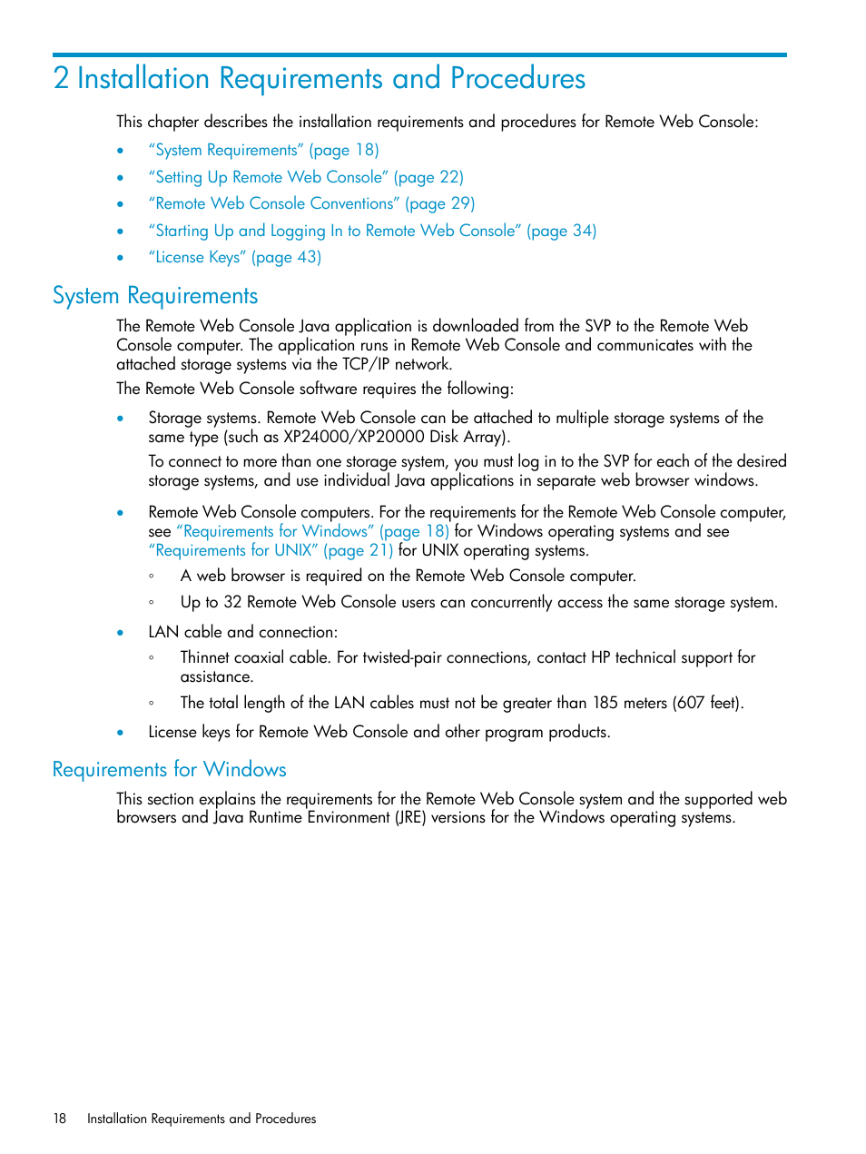 2 installation requirements and procedures, System requirements, Requirements for windows | HP XP20000XP24000 Disk Array User Manual | Page 18 / 151